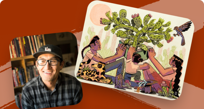 Image shows Texas Book Festival 2024 poster Artist Zeke Peña and his artwork